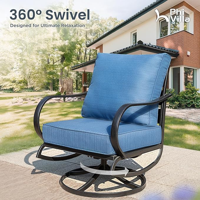 PHI VILLA Patio Furniture with 1 x 45 Metal FirePit Table, 1 x 3-Seat Wide Deep Seating Bench, 2 x Swivel Sofa Chairs & 2 Ottomans, 5.75" Thick Cushioned Outdoor Conversation Set for 5, Peacock Blue