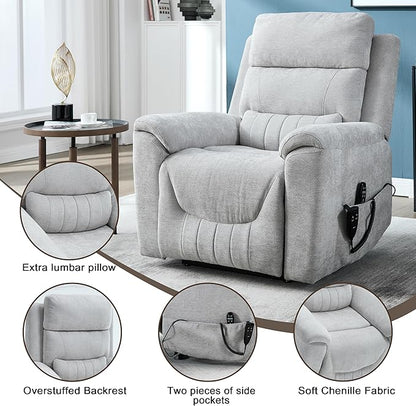 Power Lift Recliner Chair for Elderly People, Dual Motor Lay Flat Recliner with Vibration Massage and Heat, Heavy Duty Motion Mechanism Standing Assistance Reclining Chair, Chenille Fabric Light Gray