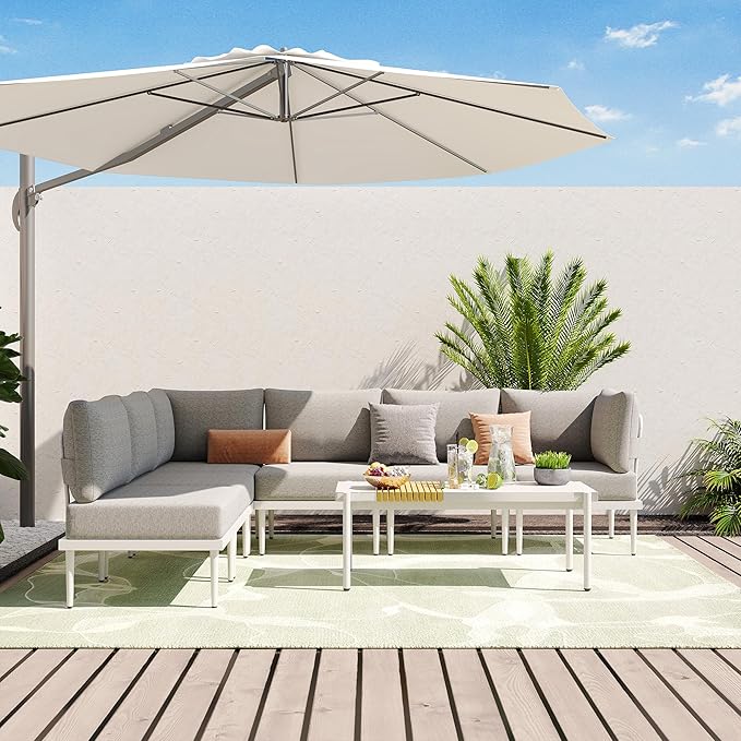 Sundale Outdoor 7 Pieces Metal Patio Furniture Set, Outdoor Sectional Sofa w/6 Inch Olefin Cushion and Coffee Table, Modern Outdoor Conversation Sets (6 Seats, White Frame)