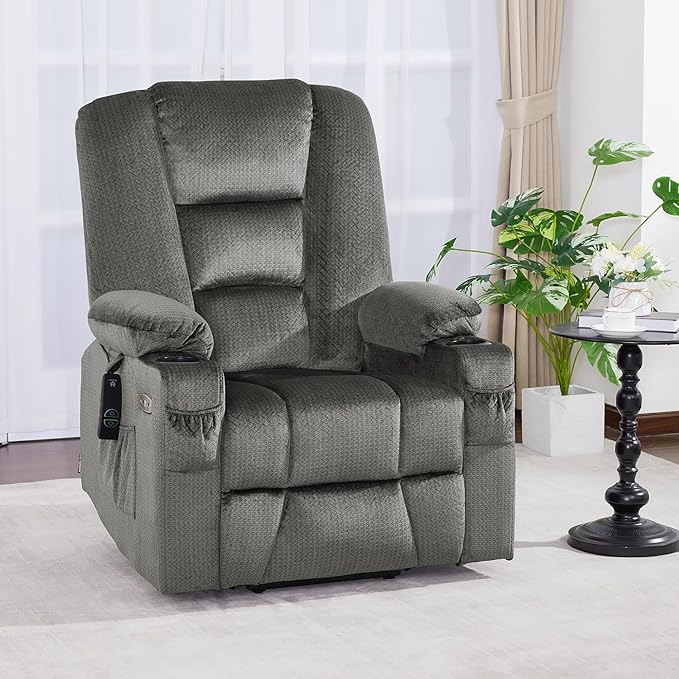 MCombo Large Power Lift Recliner Chair Sofa with Massage and Heat for Big and Tall Elderly People, 3 Positions, Cup Holders, and USB Ports, Fabric 7549 (Large, Grey)
