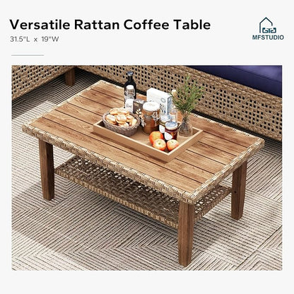 MFSTUDIO Wicker Patio Furniture Set, L Shaped Outdoor Couch Set, Rattan Outdoor Sectional Sofa with Acacia Wood Coffee Table, 3 Pieces Small Patio Conversation Set for Backyard, Navy Blue