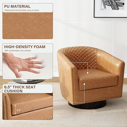 Pia Ricco Faux Leather Swivel Barrel Accent Chairs, 360° Swivel Round Single Sofa Chair, Comfy Upholstered Club Armchair with Nailhead Trim for Living Room/Reading Room/Bedroom, Coffee