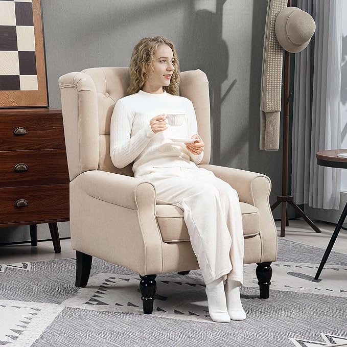 HOMCOM Mid-Century Modern Accent Chair, High Wingback Chair, Button-Tufted Upholstered Fabric Armchair with Retro Wood Legs for Living Room, Bedroom, Beige