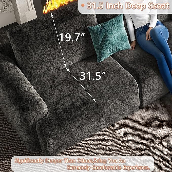 EASE MOOSE Cloud Couch Sectional Sofa, Large U-Shaped Oversized Modular Couch for Living Room, Minimalist Boneless Convertible Couches with Ottoman, 5-Seat Deep Sofa for Bedroom, Chenille (Dark Grey)