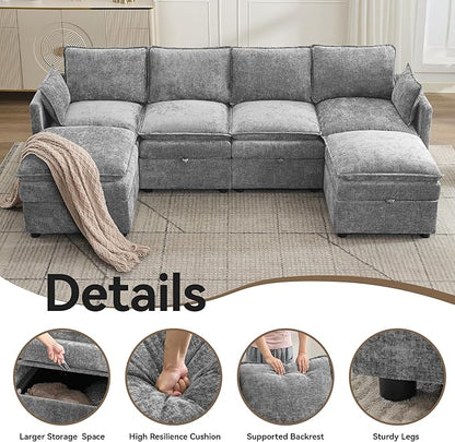 105" Cloud Modular 4 Seater Sofa with 2 Storage Ottoman, Modern Upholstered Sofa Storage Sofa Couch Deep Seat, U Shape Sectional Sofa Chenille Comfy Couch with Armrests for Living Room, Light Grey