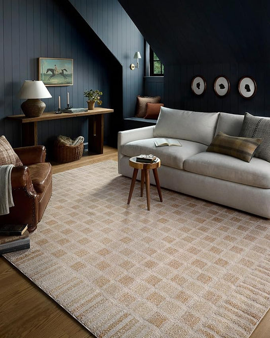 Loloi Chris Loves Julia Calvin Collection CLV-03 Bone/Natural 5'-3" x 7'-6" Area Rug Checkered Neutral Soft Living Room Bedroom Carpet