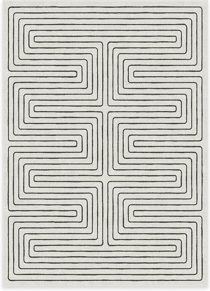 RUGGABLE x Jonathan Adler Machine Washable Modern Area Rug – Labyrinth Black/Ivory 5x7, Stain-Resistant, Non-Slip – Medium Rugs for Living Room, Bedroom, Hallway, Entryway & Office–with Standard Pad