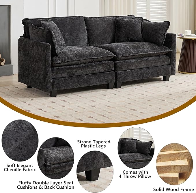 Aoowow Modular Sectional 2 Seater Cloud Sofa Couch for Living Room,78" Loveseat Couch with Deep Seat,Modern Chenille 2 Seat Sofas,Fluffy Small Couches for Bedroom,Small Spaces (Black, 2 Seater)
