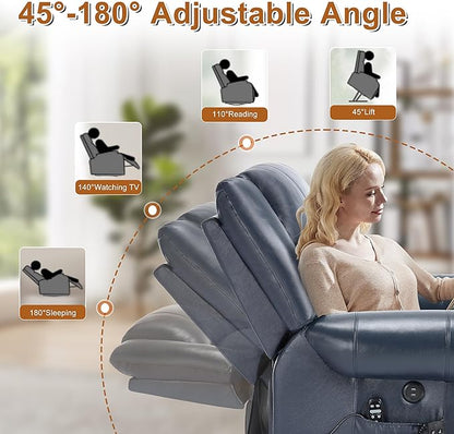 Luxlen Power Lift Recliner Chair for Elderly, Dual Motor Massage Recliner with Lumbar Heat, Heavy Duty Motion Mechanism Lift Chair with Charge Ports, Genuine Leather - Blue