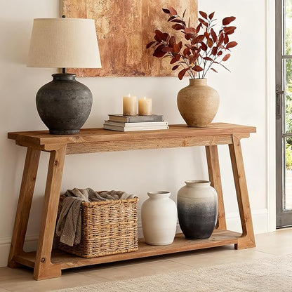 Tribesigns 63-Inch Long Console Table, 2-Tier Solid Wood Sofa Table with Storage, Narrow Behind Couch Accent Furniture for Living Room, Hallway, Entryway