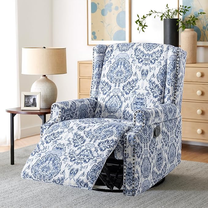 Premium 360° Swivel Recliner Chair with Footrest - Luxurious Cotton Linen & Botanical Design-Bule Pattern