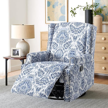 Premium 360° Swivel Recliner Chair with Footrest - Luxurious Cotton Linen & Botanical Design-Bule Pattern