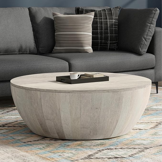 SIMPLIHOME Elmbrook Coffee Table - 34 inch Wide Solid Mango Wood Modern Industrial Round Drum Cocktail Table in White Wash, Sculptural Living Room Table with Low Profile Design, Assembled