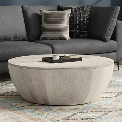 SIMPLIHOME Elmbrook Coffee Table - 34 inch Wide Solid Mango Wood Modern Industrial Round Drum Cocktail Table in White Wash, Sculptural Living Room Table with Low Profile Design, Assembled