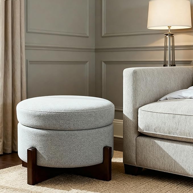 modscape 24-Inch Large Round Chenille Storage Ottoman Coffee Table Upholstered Velent Ottoman Table for Living Room Soft Tufted Circle Boucle Ottoman with Lift-Off Lid X-Base (Gray, 24in-X-Base)