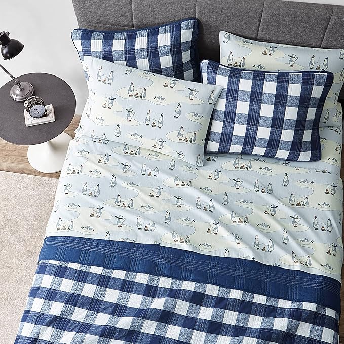 Eddie Bauer - Flannel Sheets Kingsize, Anti-Pilling & Wrinkle Resistant Cotton, Touchably Soft for All-Season Comfort - Bed Sheets with Matching Pillowcase & Fitted Sheet (Skating Penguin)