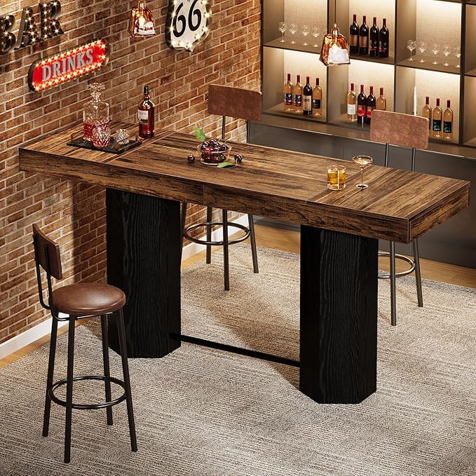 Tribesigns 70.9" Extra Long Bar Table, Industrial Counter Height Table, Rectangular Bar Height Tables with Metal Footrest for Kitchen Dining Room, Living Room, Pub (Rustic Brown & Black)