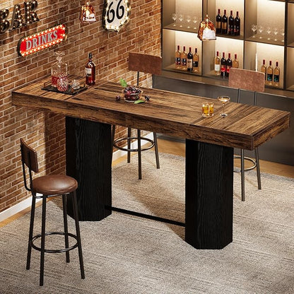 Tribesigns 70.9" Extra Long Bar Table, Industrial Counter Height Table, Rectangular Bar Height Tables with Metal Footrest for Kitchen Dining Room, Living Room, Pub (Rustic Brown & Black)
