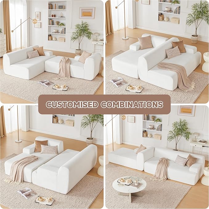 107" Modular Sectional Sofa, Boneless Couch Sponge Sectional Sofa for Living Room, High Density Sponges Cloud Couch,Modular L-Shape with Chaise, White