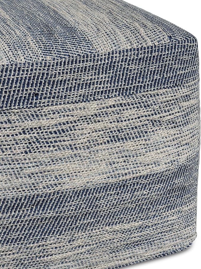 SIMPLIHOME Clay Boho Square Pouf in Patterened Teal Melange Cotton for the Living Room, Bedroom and Kids Room