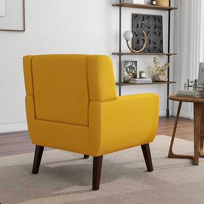 Accent Chair, Mid-Century Modern Fabric Chairs with Arms for Living Room, Comfy Upholstered Club Single Sofa Armchair for Bedroom Waiting Room with Solid Wood Frame (Fabric Yellow, Set of 1)