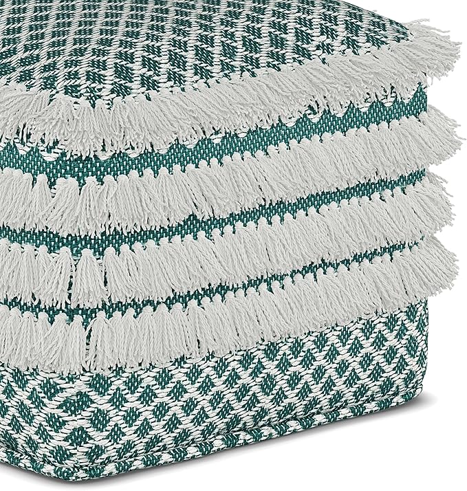SIMPLIHOME Leah Boho Square Woven Outdoor/ Indoor Pouf in Turquoise and White Recycled PET Polyester for the Living Room, Bedroom and Kids Room