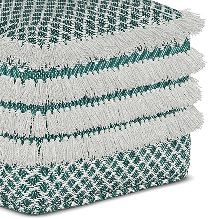 SIMPLIHOME Leah Boho Square Woven Outdoor/ Indoor Pouf in Turquoise and White Recycled PET Polyester for the Living Room, Bedroom and Kids Room
