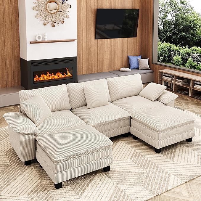 123-Inch U Shaped Sectional Sofa with Cloud Cushions, Deep Seat Modular Couch Set w/ 5 Seats & 2 Ottomans, Removable Arms, Plush Corduroy Upholstery for Living Room, Apartment - Beige