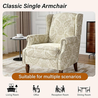 Wingback Accent Chairs Set of 2, High Back Upholstered Armchair, Printed Fabric Wingback Arms Chairs with Wood Legs, Single Sofa Reading Chair for Bedroom Living Room, White