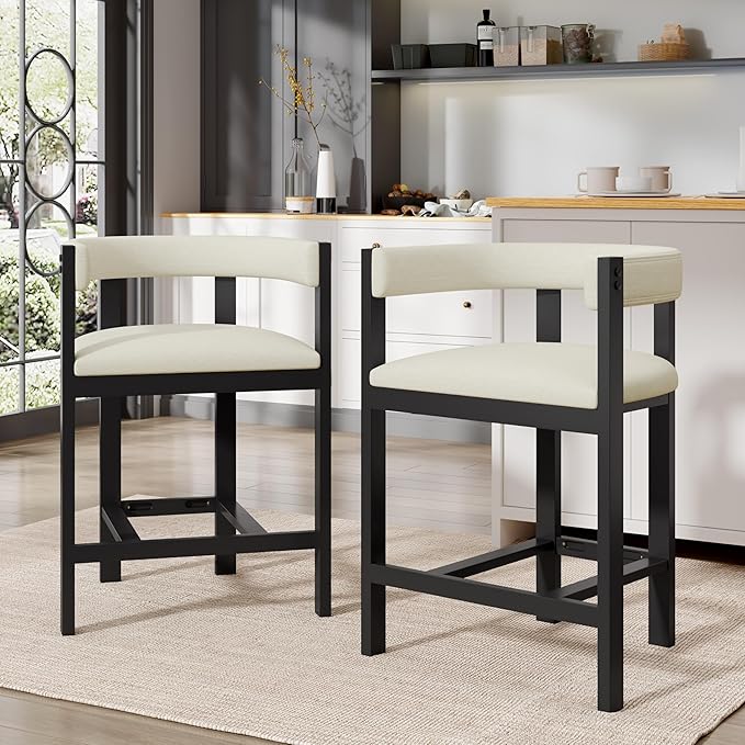 Christopher Knight Home Set of 2 Rylan Modern U-shape Fabric Upholstered Dining Room Counter Height Barstools,Kitchen Island Rubberwood Counter Stool,Armchair with Footrest+Curved Backrest,Beige+Black