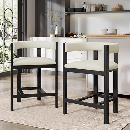 Christopher Knight Home Set of 2 Rylan Modern U-shape Fabric Upholstered Dining Room Counter Height Barstools,Kitchen Island Rubberwood Counter Stool,Armchair with Footrest+Curved Backrest,Beige+Black