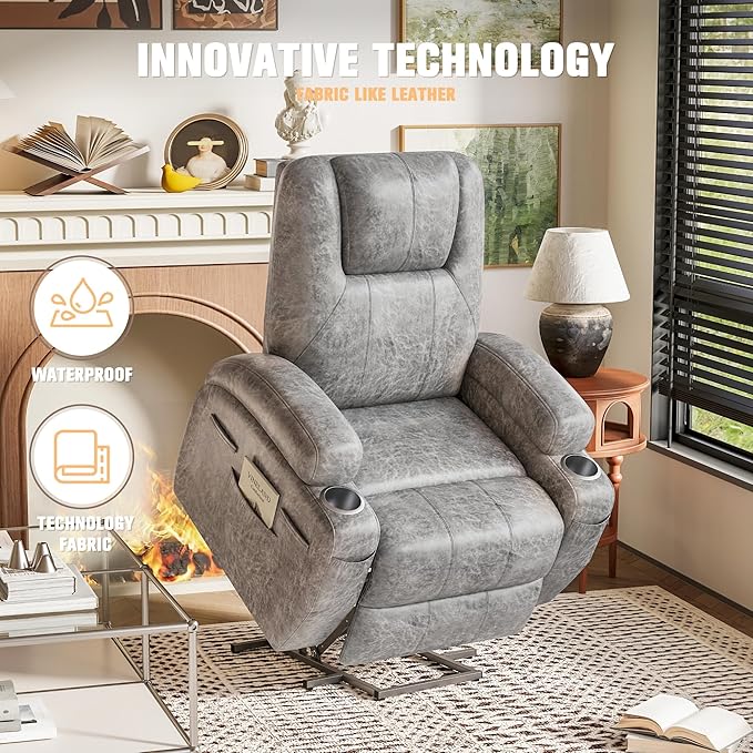 Flamaker Power Lift Recliner Chair Electric Lift Recliner for Elderly Power Lift Recliner Chair with Cup Holders Side Pockets for Living Room (Leathaire, Light Gray)