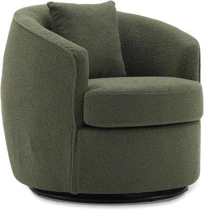 Swivel Accent Chair, Modern Upholstered Boucle Barrel Arm Chairs with Pillow for Living Room, 360 Degree Round Swivel Sherpa Armchair with Round Base for Bedroom Club (1, Green)