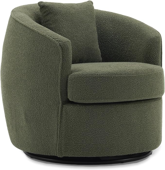 Swivel Accent Chair Set of 2, Modern Upholstered Boucle Barrel Arm Chairs with Pillow for Living Room, 360 Degree Round Swivel Sherpa Armchair with Round Base for Bedroom Club (2, Green)