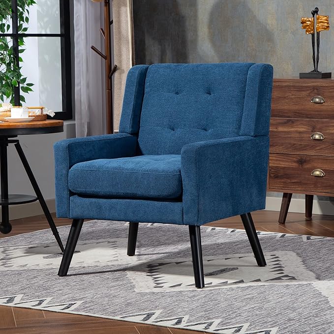 Mid-Century Modern Accent Chair, Plush Linen Fabric with Button Tufted High Back & 5" Thick Cushion, High Comfort Reading Chair for Living Room, Bedroom, Office (Blue)