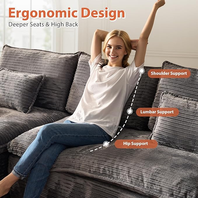 113 in Oversized Cloud Sofa with L Shape Chaise, Sectional Couches for Living Room, Assembly Free Modular Comfy Corduroy Sofa with Left Facing Chaise Longue for Home Apartment (Left Chaise, Gray)