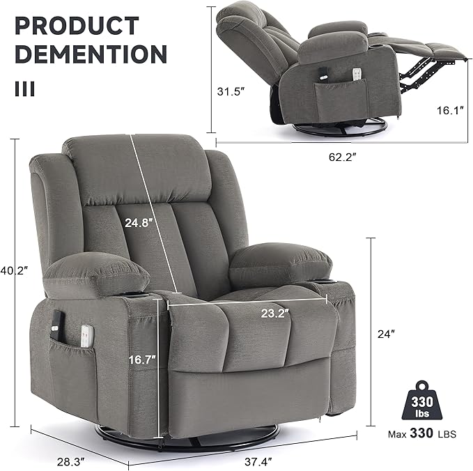 Power Swivel Rocker Recliner Chair with Heat and Massage, USB and Type-C Charging Port, Electric Glider Rocking Chairs, Oversized Recliner Chairs for Adults(Fabric, Grey)