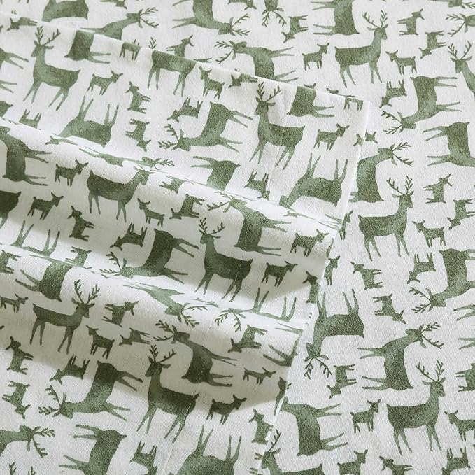 Eddie Bauer - Flannel Sheets Queen Size, Anti-Pilling & Wrinkle Resistant Cotton, Touchably Soft for All-Season Comfort - Bed Sheets with Matching Pillowcases & Fitted Sheet (Deer Camp Green)