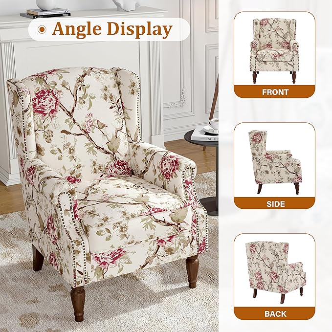 Floral Wingback Accent Chair, High Back Upholstered Armchair, Comfy Fabric Wingback Arms Chairs with Solid Wood Legs, Single Sofa Reading Chair for Bedroom Living Room, Beige