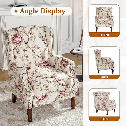 Floral Wingback Accent Chair, High Back Upholstered Armchair, Comfy Fabric Wingback Arms Chairs with Solid Wood Legs, Single Sofa Reading Chair for Bedroom Living Room, Beige