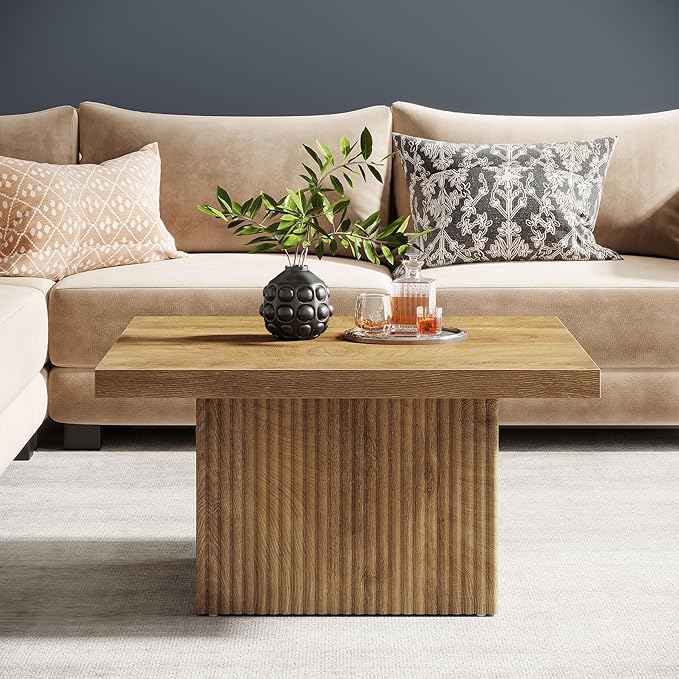 Tribesigns Square Coffee Table, 31.5-Inch Fluted Coffee Table, Mid-Century Modern Living Room Table, Large Cocktail Table for Living Room, Easy Assembly, Yellow