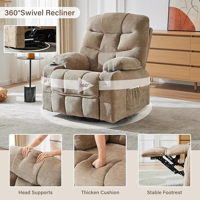 Manual 360°Swivel Rocker Recliner Chair,Single Recliner Seat with Cup Holders,Recliner Chairs for Adults, Upholstered Fabric Lazy Boy Recliner for Bedroom,Living Room,Brown
