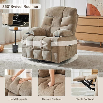 Manual 360°Swivel Rocker Recliner Chair,Single Recliner Seat with Cup Holders,Recliner Chairs for Adults, Upholstered Fabric Lazy Boy Recliner for Bedroom,Living Room,Brown