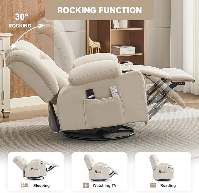 Power Swivel Rocker Recliner Chair with Heat and Massage, USB and Type-C Charging Port, Electric Glider Rocking Chairs, Oversized Recliner Chairs for Adults(Fabric, Beige)