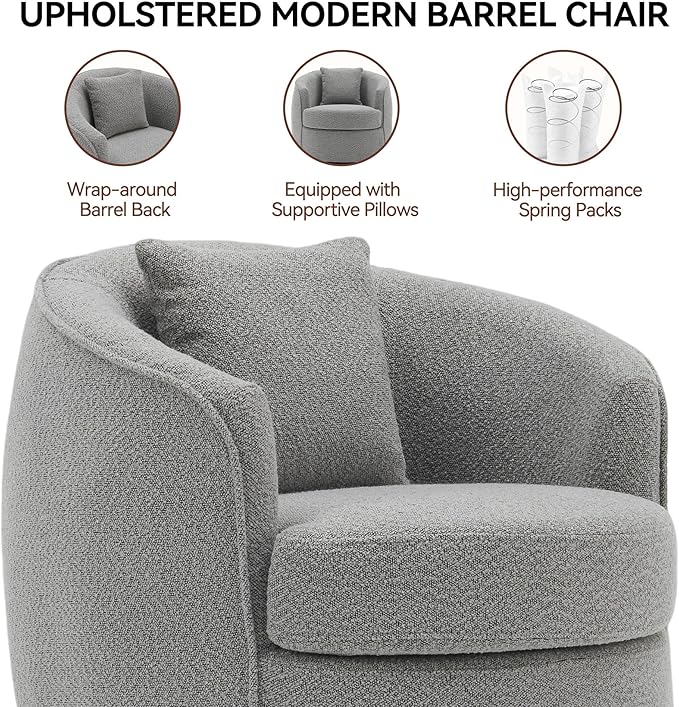 Swivel Accent Chair, Modern Upholstered Boucle Barrel Arm Chairs with Pillow for Living Room, 360 Degree Round Swivel Sherpa Armchair with Round Base for Bedroom Club (1, Grey)
