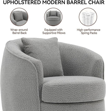 Swivel Accent Chair, Modern Upholstered Boucle Barrel Arm Chairs with Pillow for Living Room, 360 Degree Round Swivel Sherpa Armchair with Round Base for Bedroom Club (1, Grey)