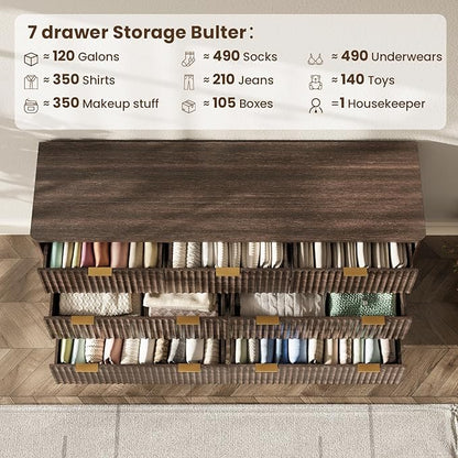 54'' Wide 7 Drawers Dresser for Bedroom,Modern Fluted Vertical Chest with Rounded Corners,Fluted Dresser for Living Room,Hallway, Walnut