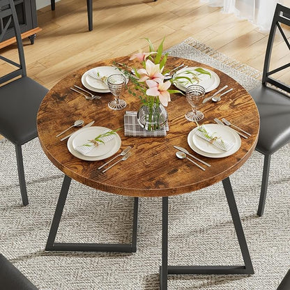 VECELO 35" Round Dining Table for 4, Wood-Grain Tabletop & Heavy-Duty Steel Frame, for Kitchen, Living Room, Easy Assembly, Antique Brown