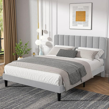 VECELO Full Size Bed Frame with Upholstered Headboard, Velvet Platform Bedframe Mattress Foundation, Strong Wood Slat Support, No Box Spring Needed,Light Grey