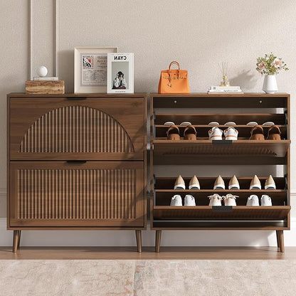 Shoe Cabinet for Entryway with 2 Flip Drawers, Slim Wooden Shoe Storage Organizer with Modern Fluted Pannel，Freestanding Narrow Hidden Shoe Rack for Hallway, Foyer, Living Room